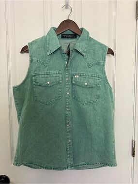 Lucky & Blessed Mint Green Sleeveless Denim Snap-Front Shirt